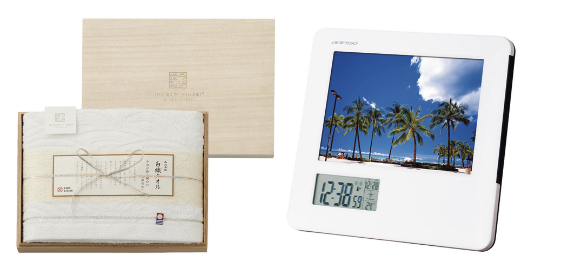 ノベルティ(周年記念品)例:今治タオル、フォトフレーム電波時計など